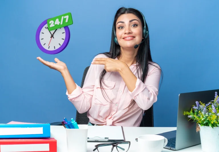 "A woman wearing a headset, holding a clock, and smiling, suggesting efficient and friendly customer support