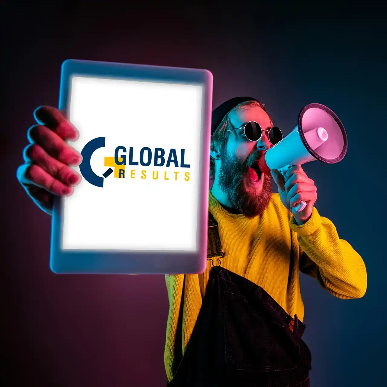 A man holding a megaphone and a tablet with Global Results photo inside it.