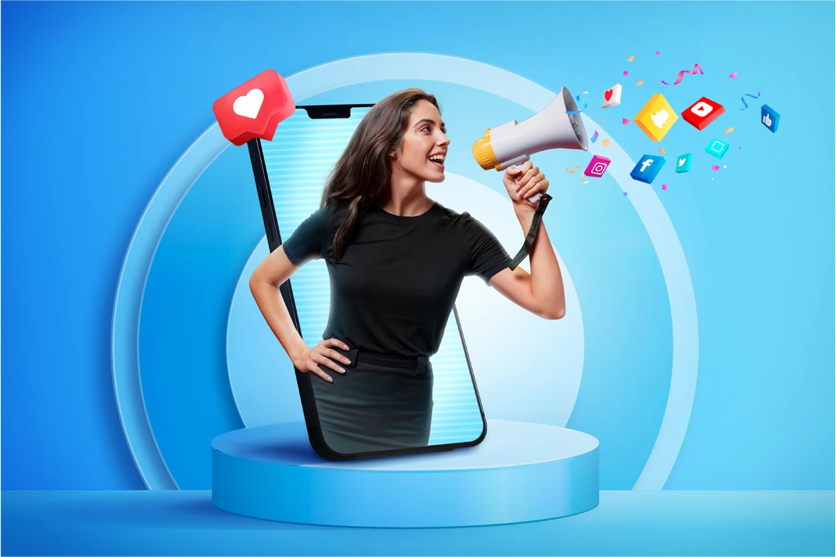 A woman holding a megaphone stands against a blue background, with social icons displayed nearby.