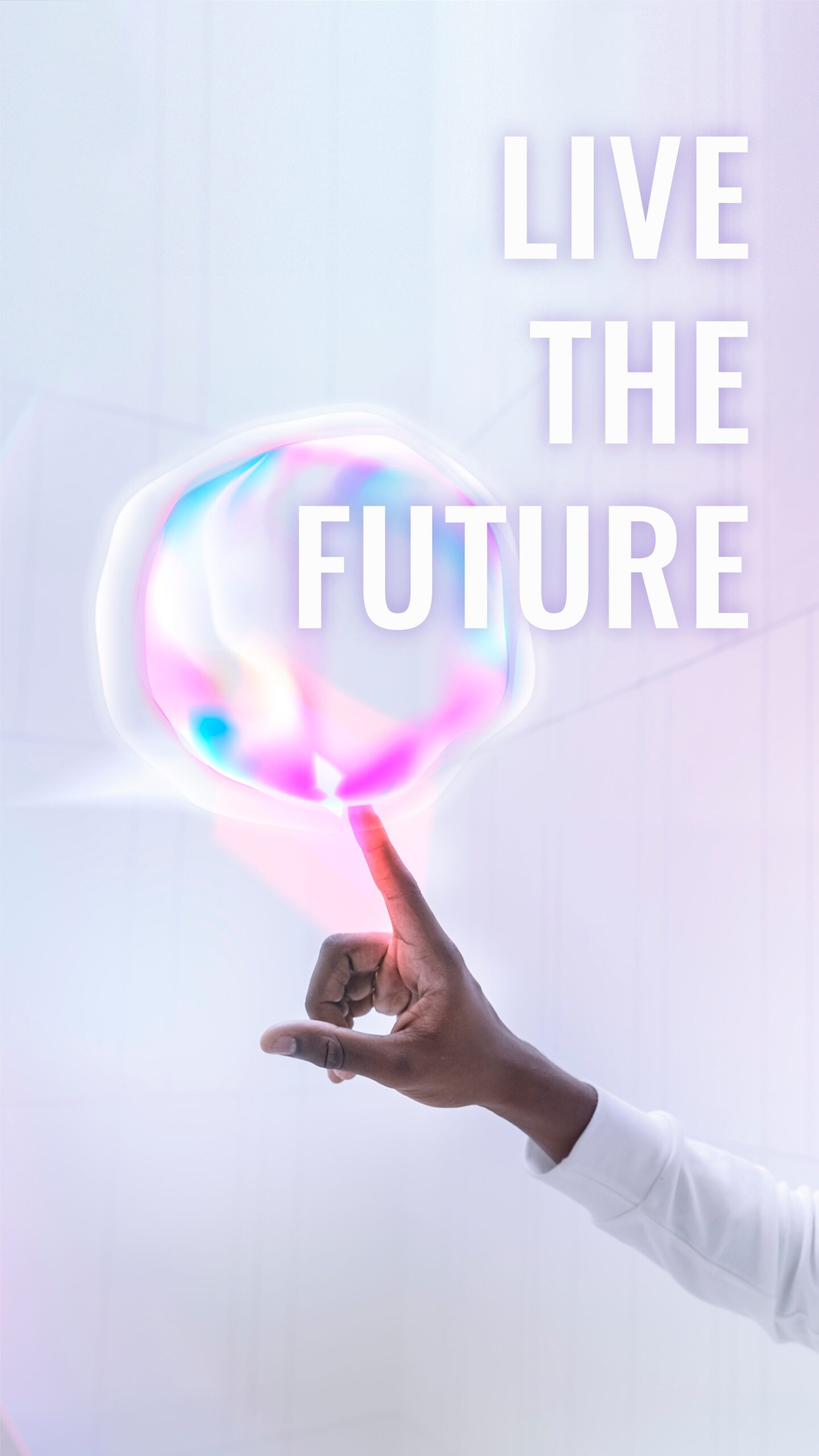A great visual with a colored bubble with text " live the future "