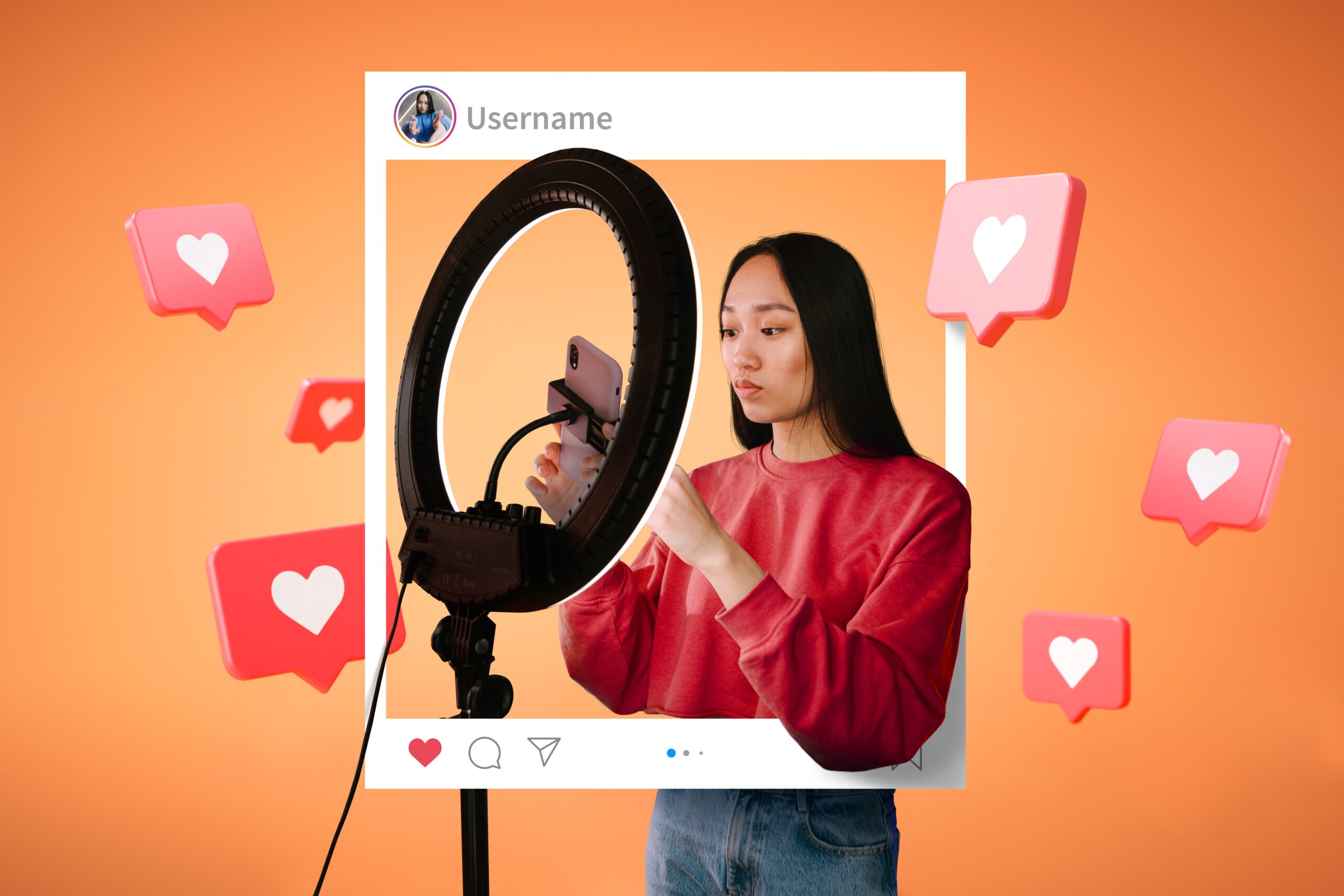 A girl on mucket and ring light in front of her with engagement icons around her