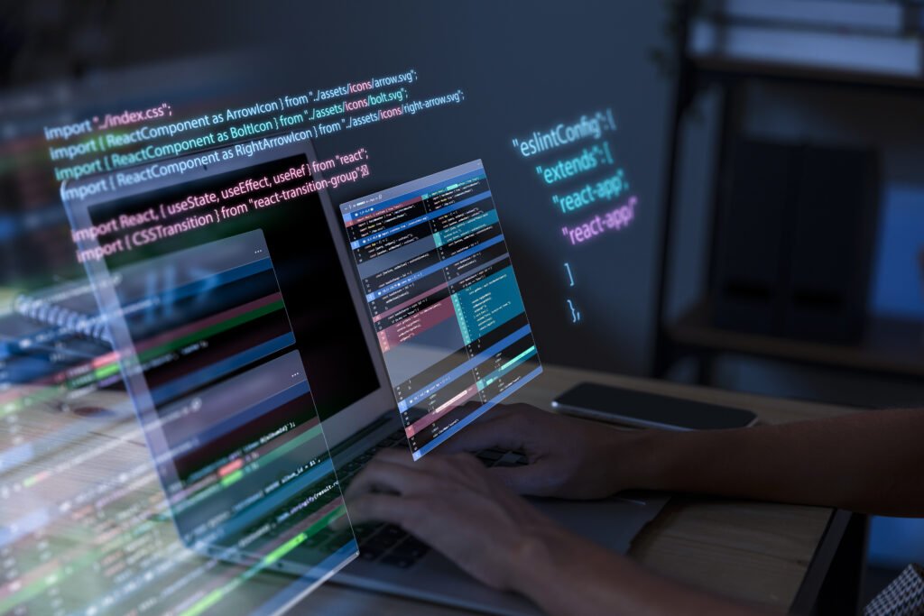 a man writing on a keyboard with a hologram filled with codes