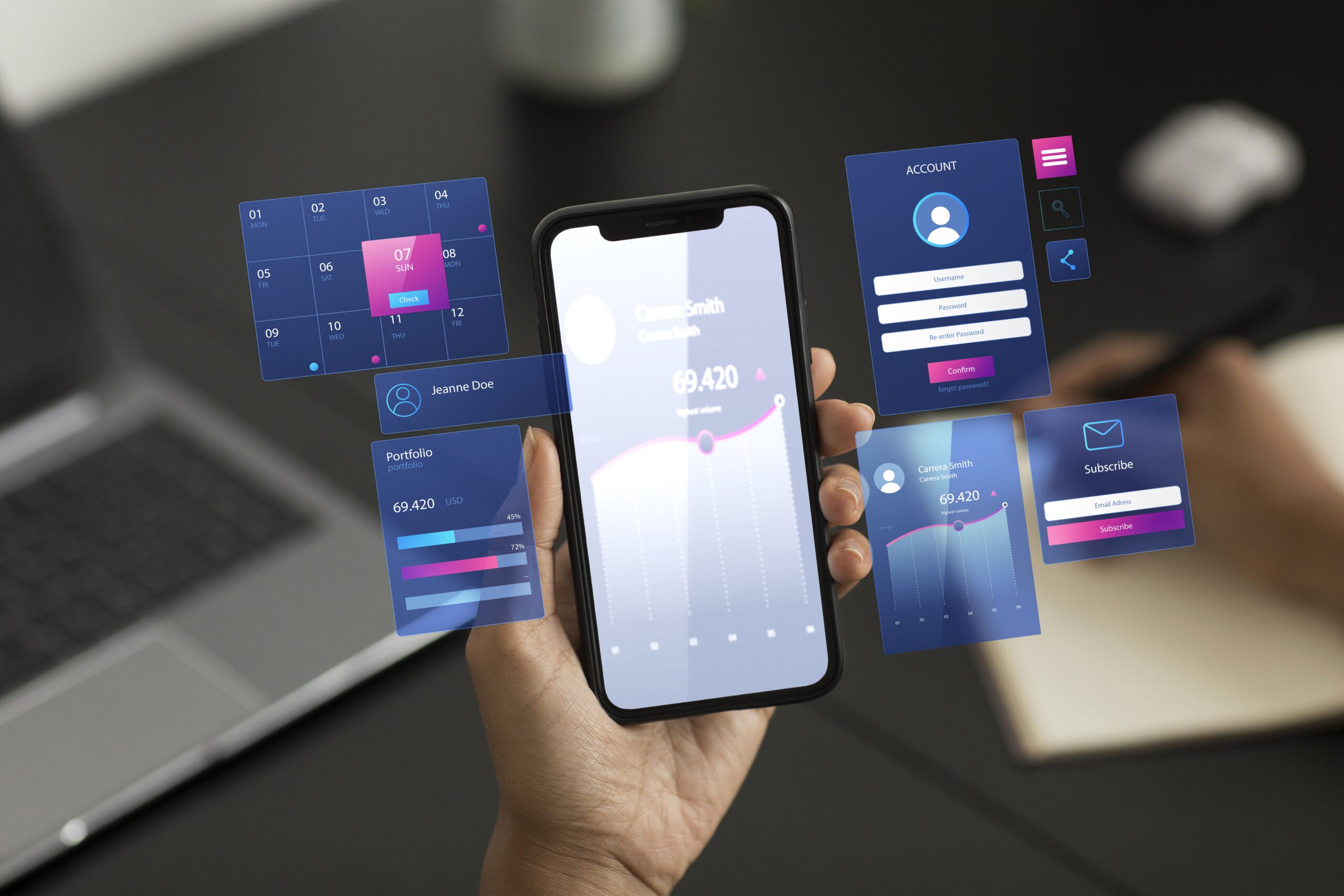 A woman holding aphone with her hands and data and log icons outside the phone