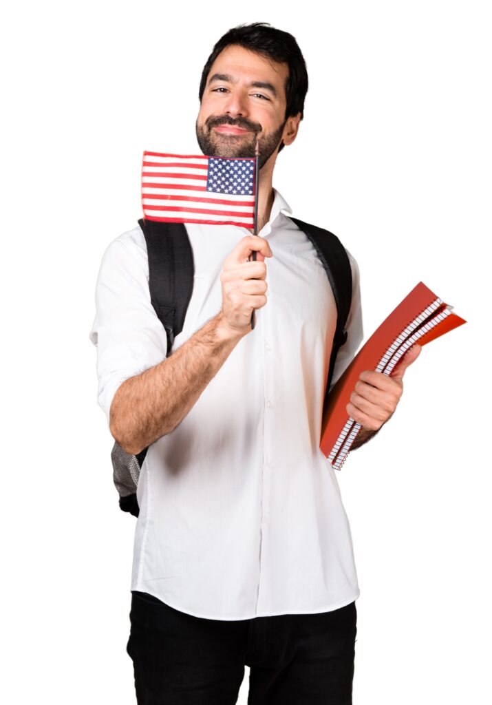 American Student holding the flag with box in his left hand