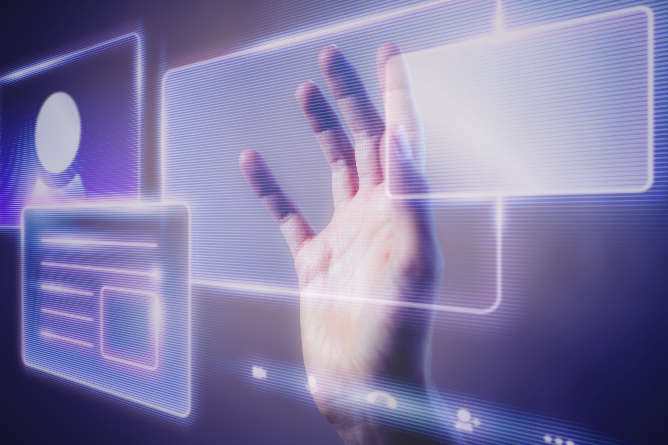 a hand touches a hologram screen with the theme in purple