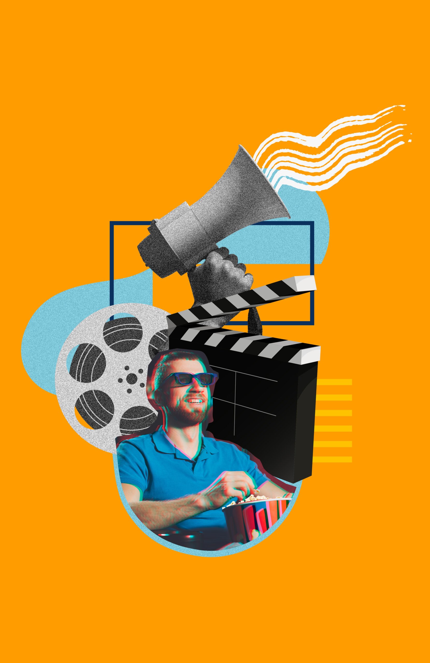 man wearing blue shirt and glasses eating popcorns in animation format and clapperboard and megaphone in the background, while the color theme is in orange