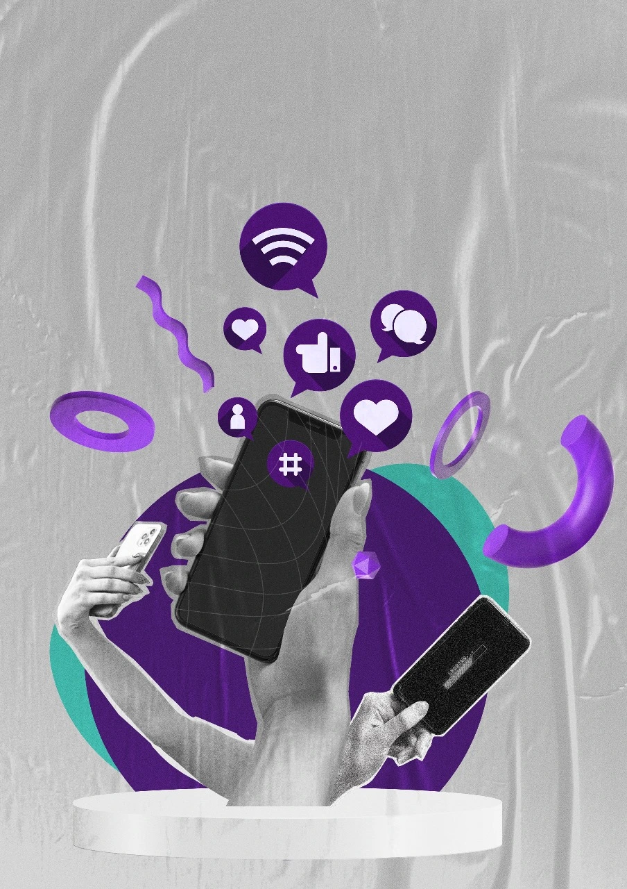 A hand holding a phone and another hand in the background taking selfie with the color purple in the theme and social media icons