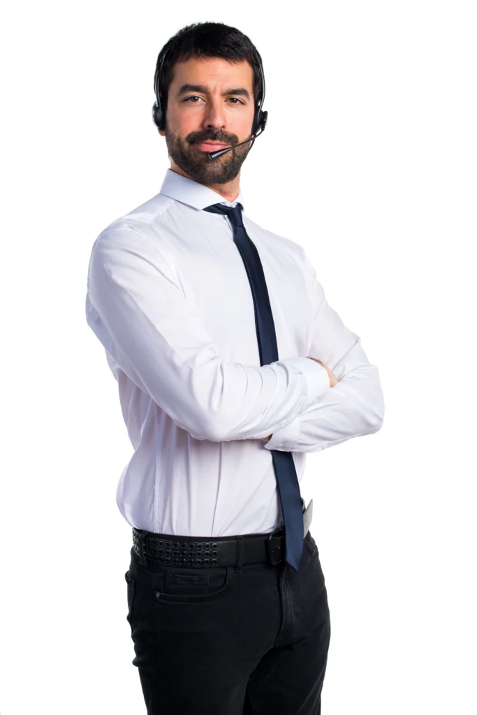 A call center agent waring his headset with white background