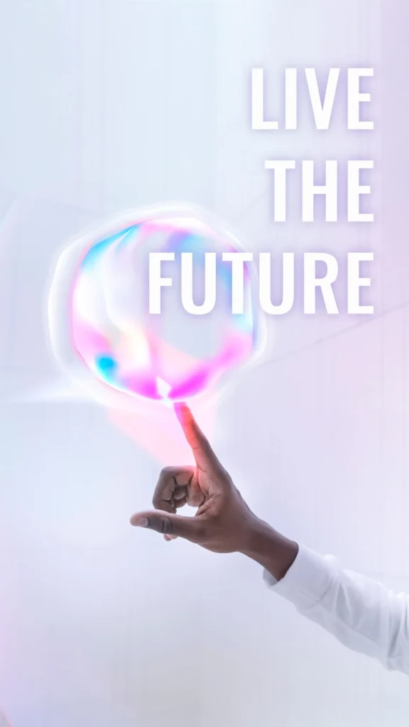 A great visual with a colored bubble with text " live the future "