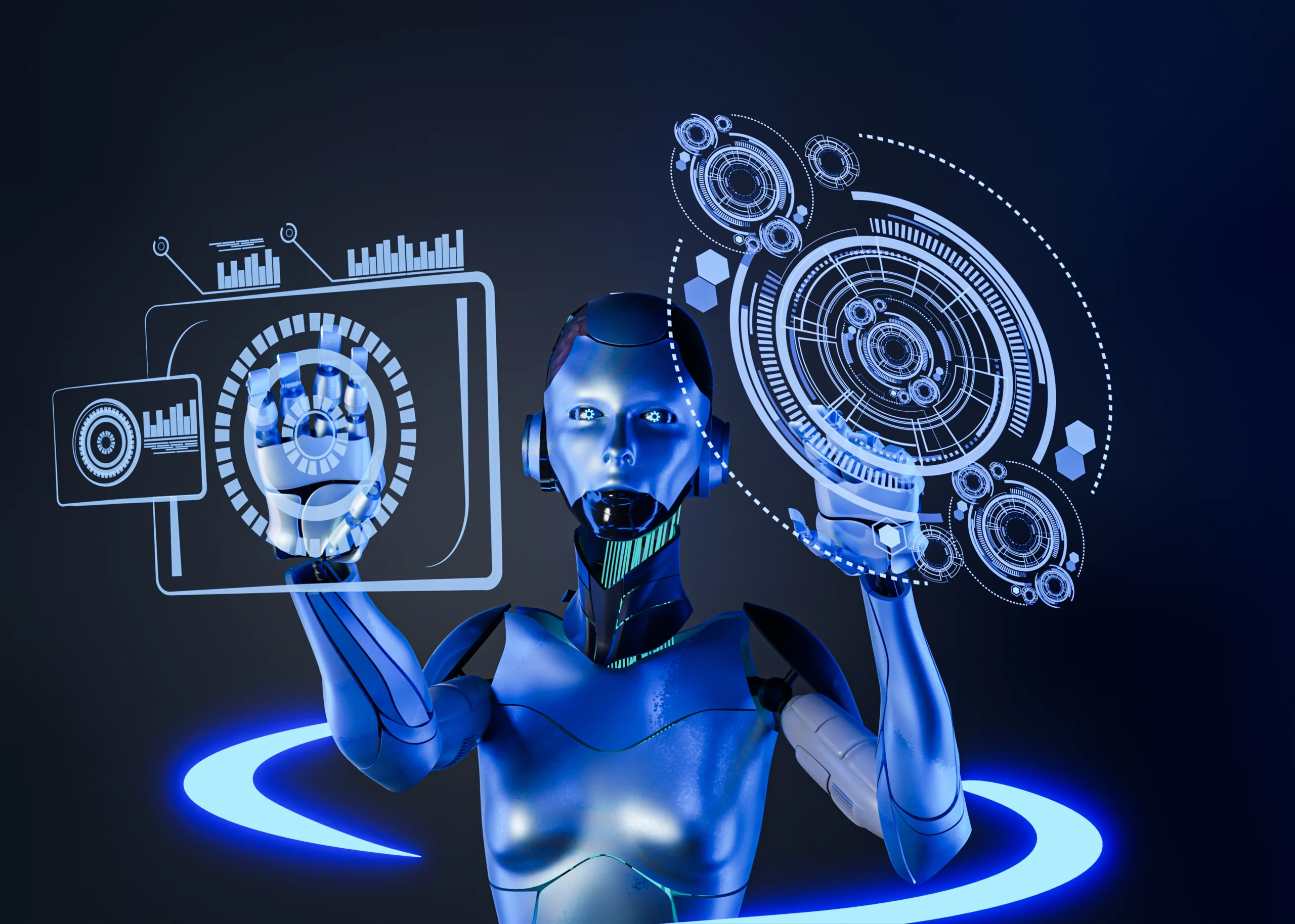 A robot using both hands to interact with a glowing electric-blue hologram, surrounded by a semi-circle of vibrant blue light and energy.