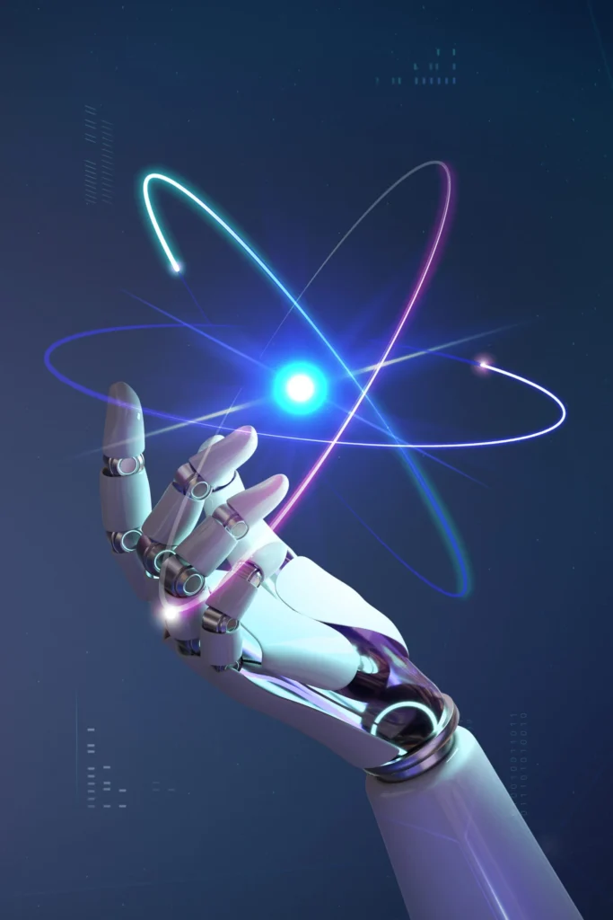 Futuristic robotic hands delicately grasp a glowing electric atom in vibrant shades of purple and blue, set against a sleek blue background. This striking image symbolizes the transformative impact of artificial intelligence on the American market, highlighting the intersection of technology and innovation.