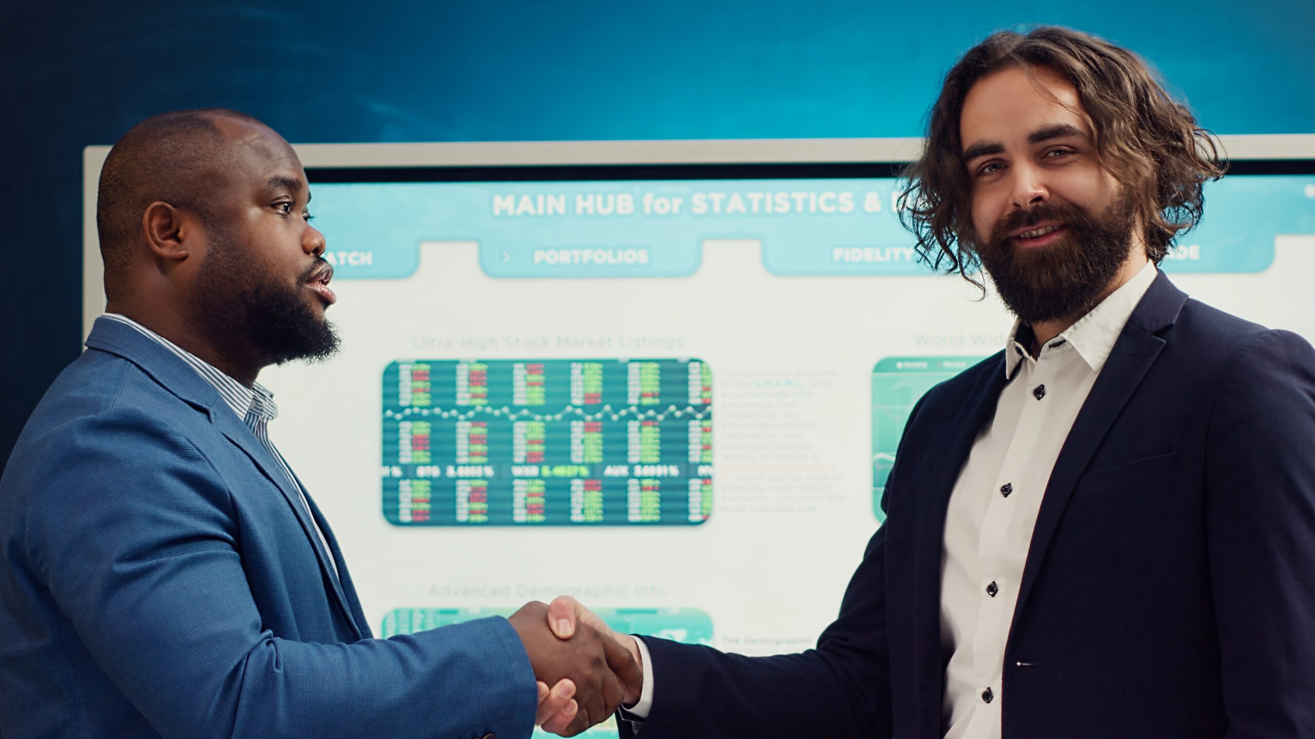 Two business professionals shaking hands, with a projector displaying impressive statistics in the background, symbolizing successful collaboration and growth.