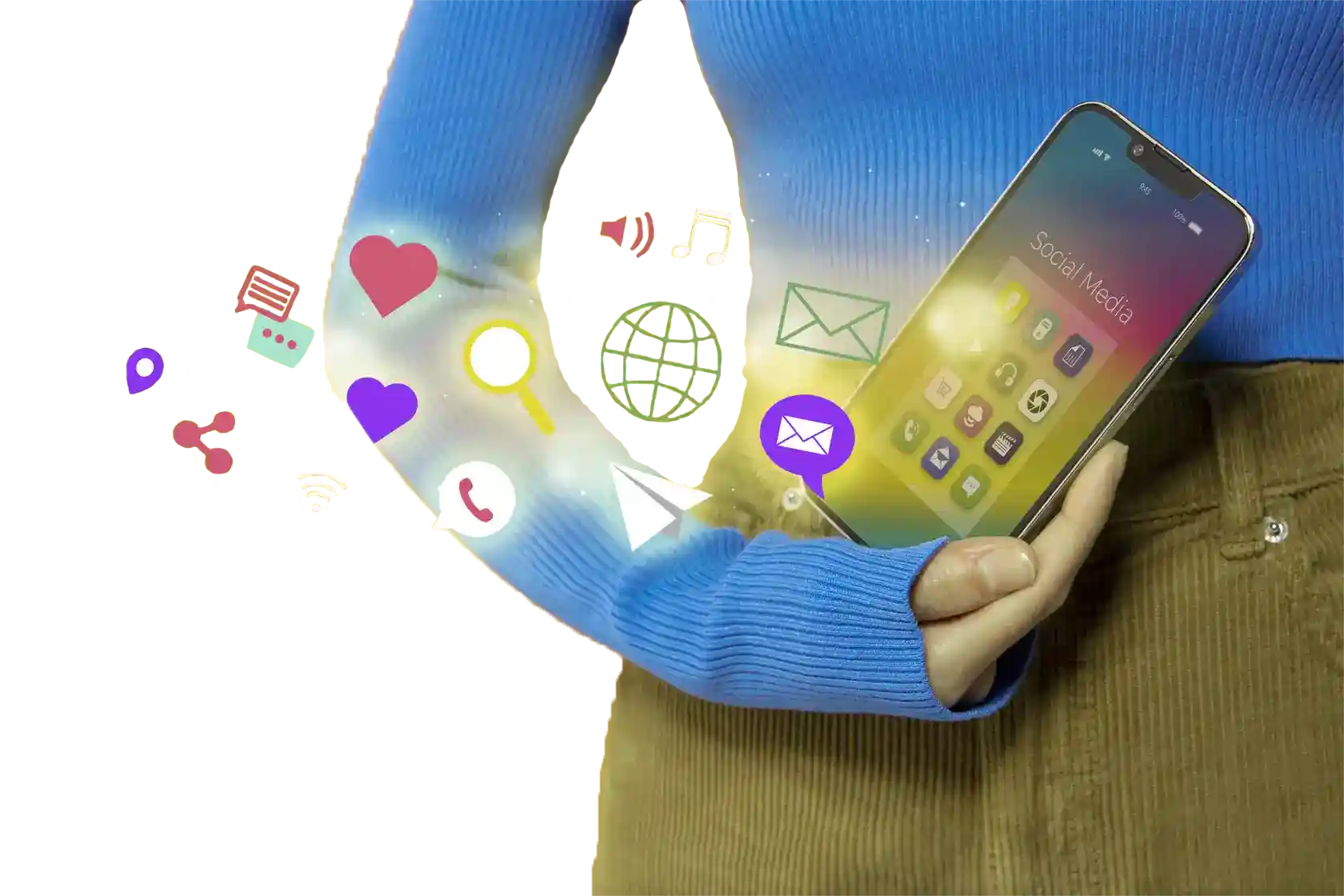 Young woman holding a smartphone with colorful social media icons emerging from the screen, set against a clean white background, symbolizing digital connectivity and online engagement.