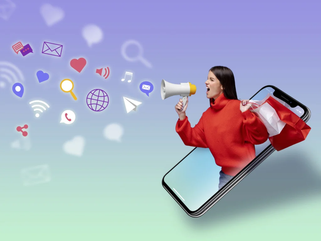 A girl holding a megaphone and social media icons coming out of it