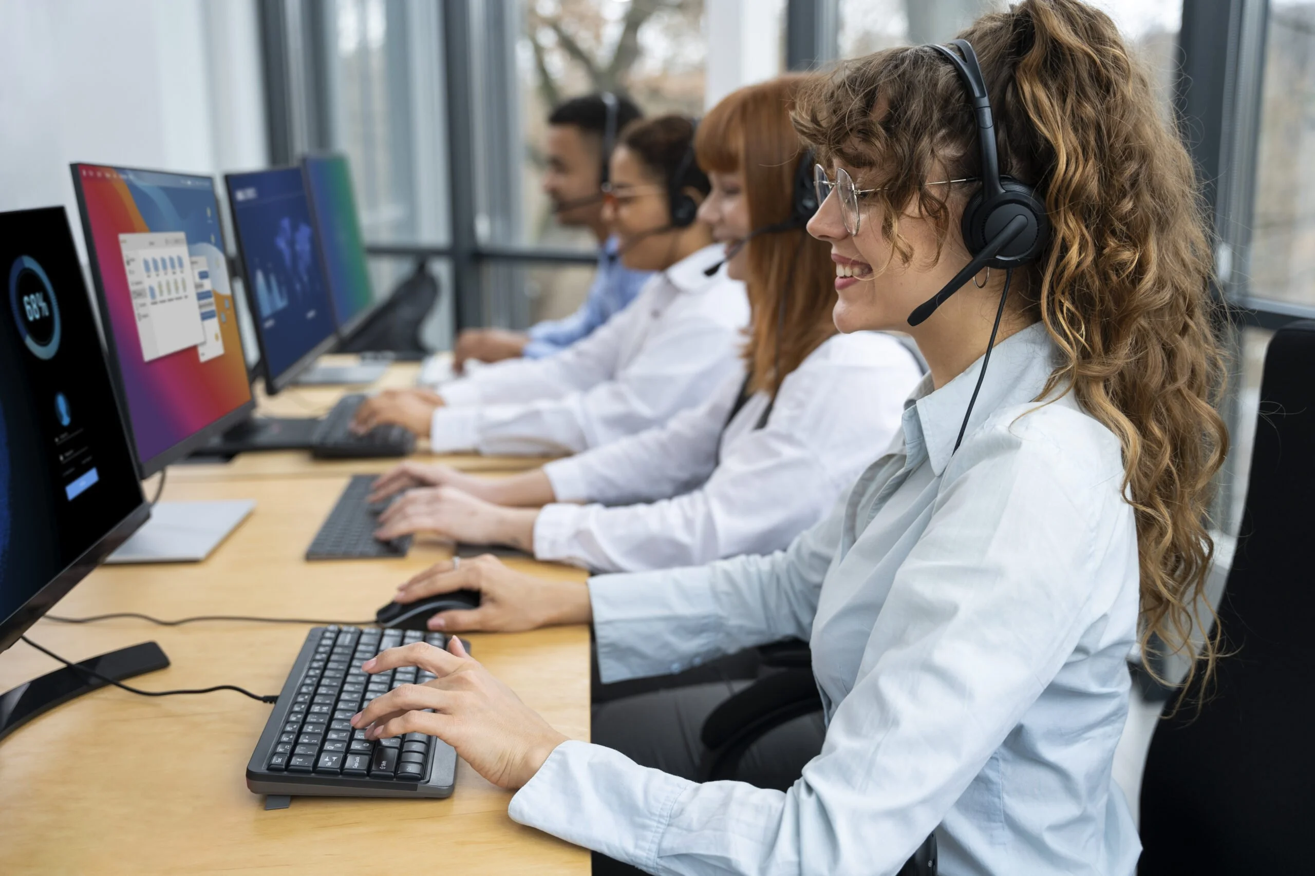 Happy call center agents engaged in conversations, showcasing a positive work environment that fosters excellent customer service.