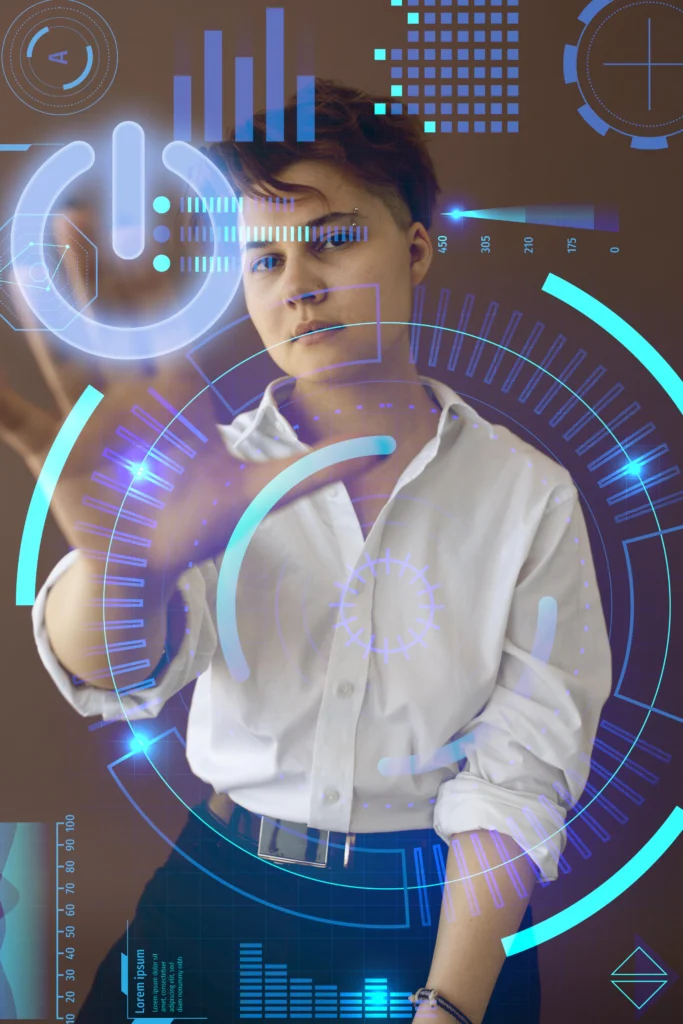 "A woman is positioned in the background, intently pressing a holographic power button and a stats button displayed in front of her. The vibrant holograms illuminate her focused expression, highlighting her engagement with the futuristic interface."
