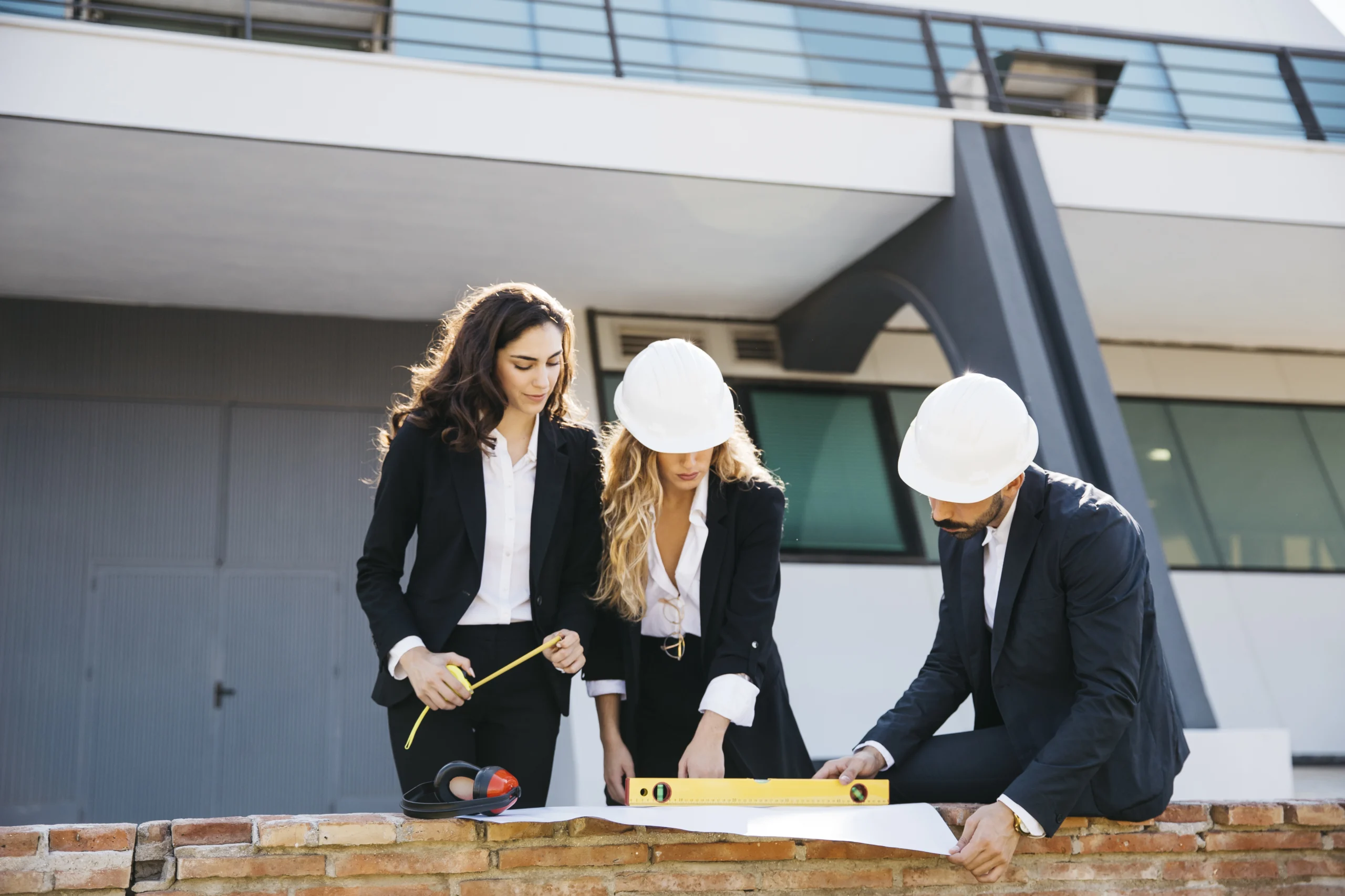 Three business professionals wearing engineer hats are closely analyzing blueprints and construction plans while a large building is under construction in the background. Their focused expressions reflect collaboration and strategic planning in the engineering process.






