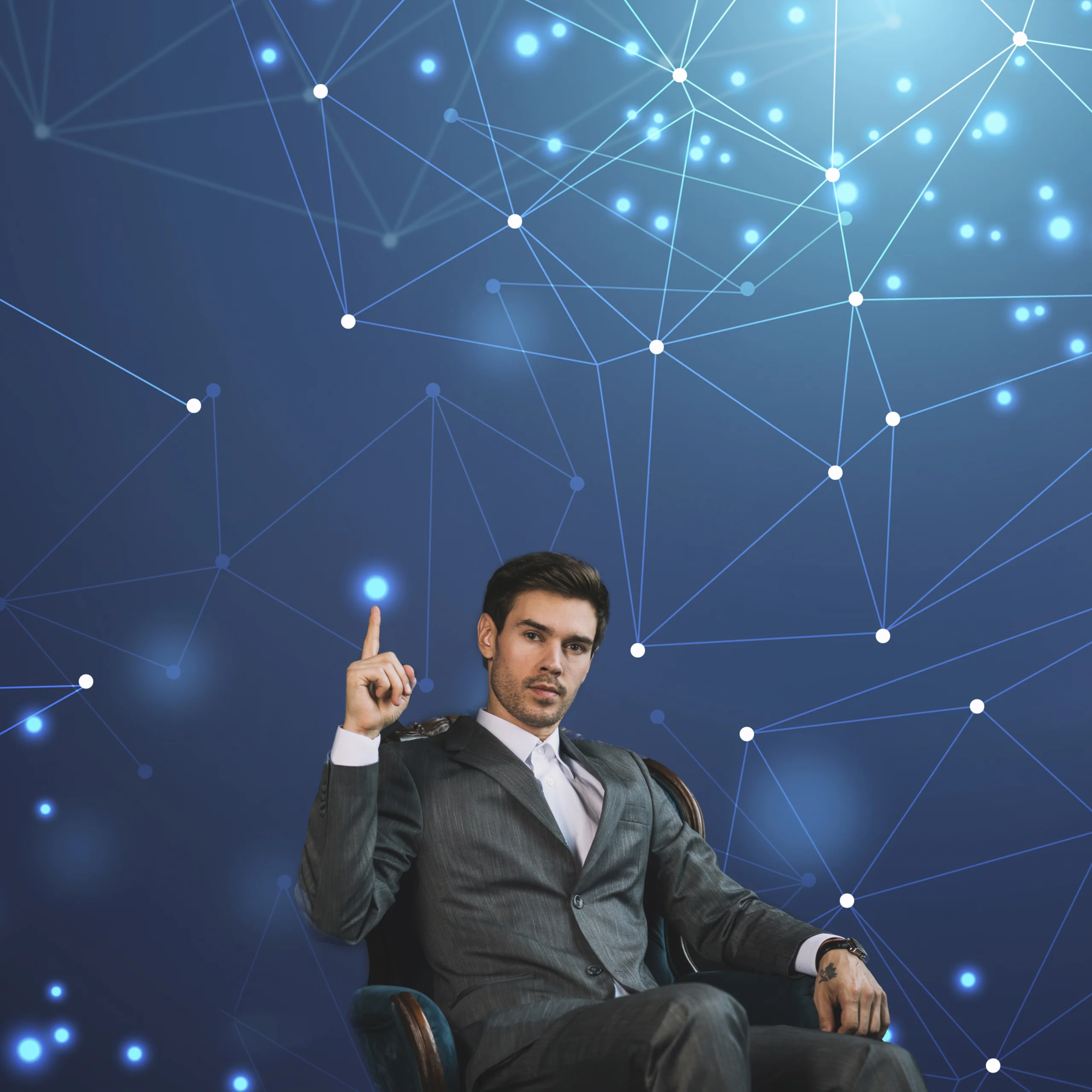 A businessman raising his finger confidently, surrounded by a vibrant blue hologram representing advanced technology and digital themes, showcasing the importance of small business consultancy i