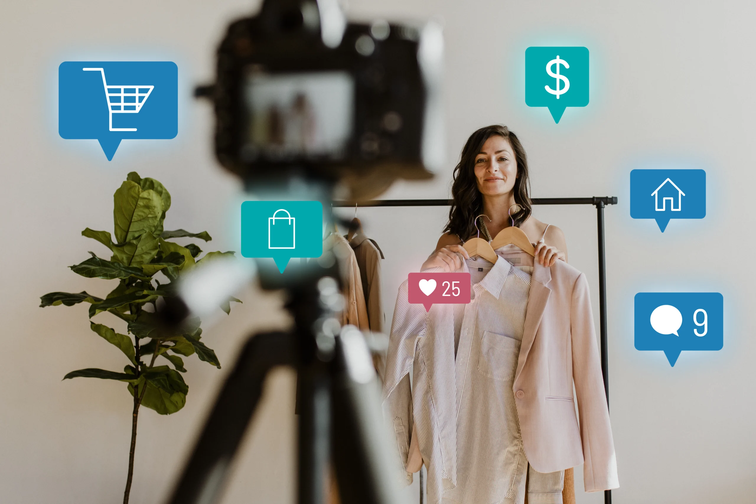 A young female influencer stands in front of a camera, showcasing stylish outfits for a clothing brand. She exudes confidence as she poses, with vibrant media icons representing social platforms like Instagram, TikTok, and Facebook surrounding her, highlighting her influence in the fashion industry.